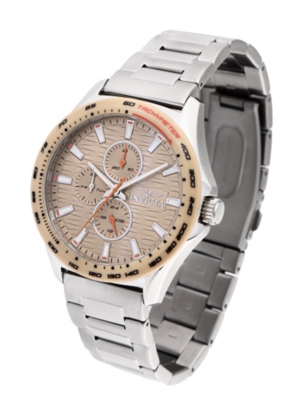 Invicta Racing Men’s Silver Stainless Steel Watch Beige Dial Bezel Model 47552